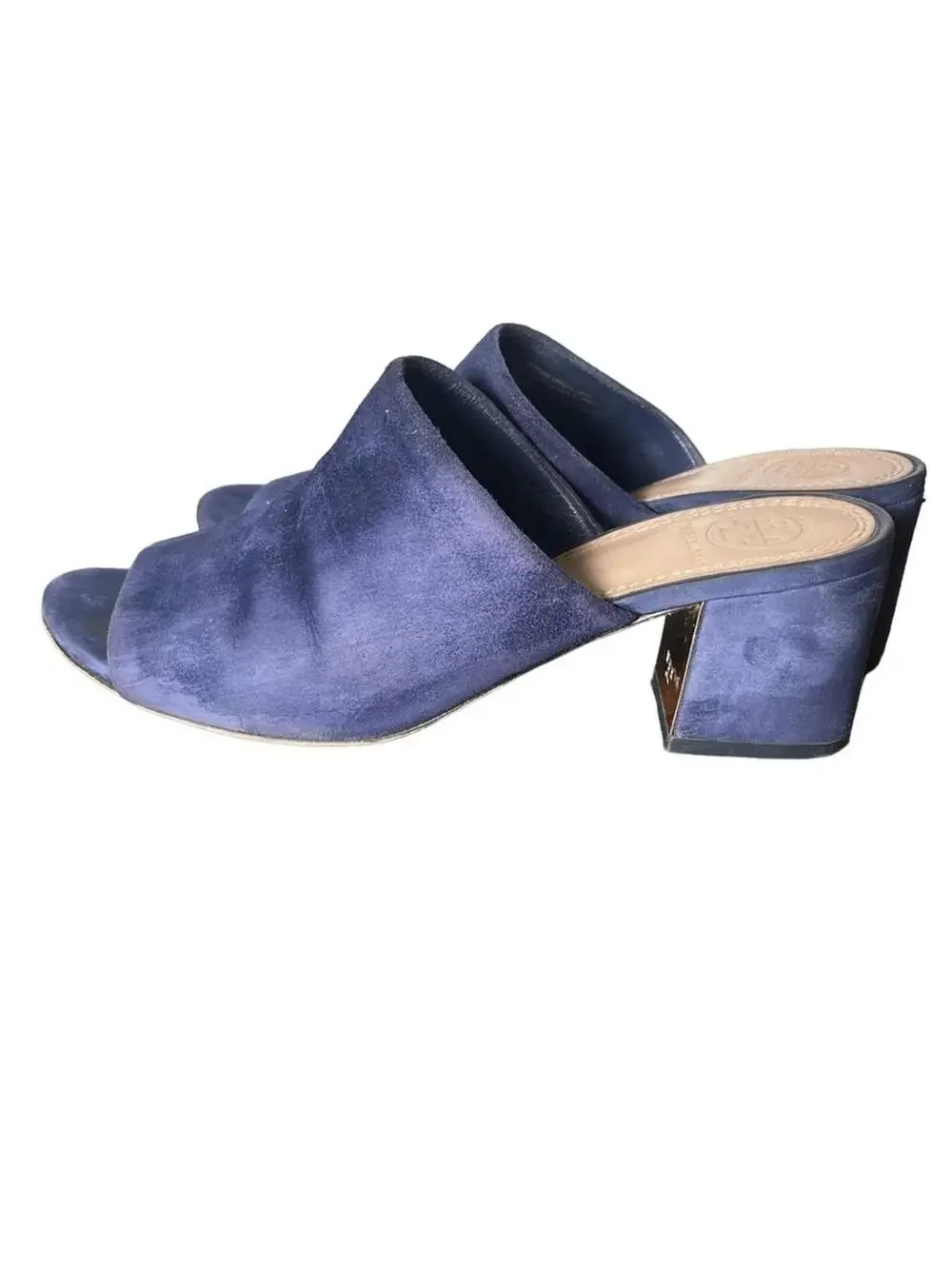 Tory Burch Salinas Navy Blue Suede Block Heel Mules 6.5
